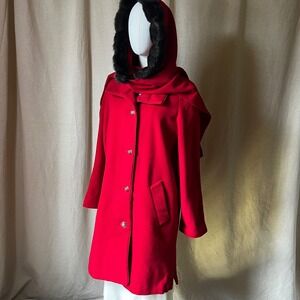 Vintage Dennis Basso Red Wool Cashmere Coat Fur Trim Hood Scarf S